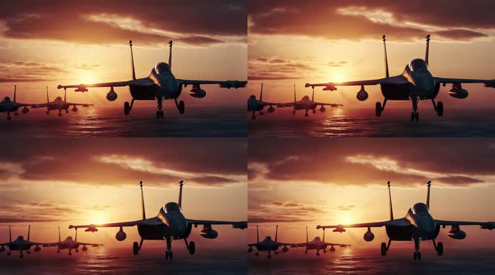 4k航母战斗机起飞降落夕阳唯美创意
