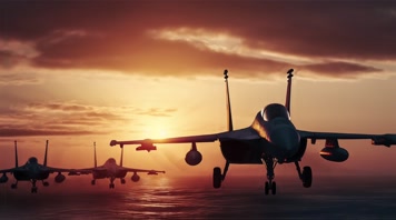 4k航母战斗机起飞降落夕阳唯美创意