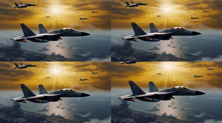 4k航母战斗机起飞降落夕阳唯美创意