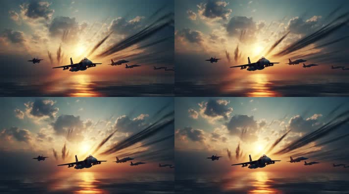 4k航母战斗机起飞降落夕阳唯美创意