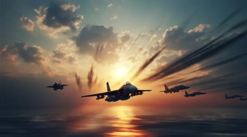 4k航母战斗机起飞降落夕阳唯美创意