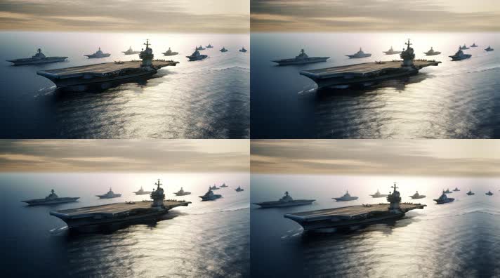 4k航空母舰舰队海洋航行夕阳唯美创意