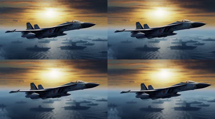 4k航母战斗机起飞降落夕阳唯美创意