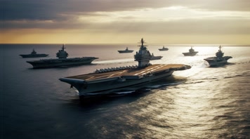 4k航空母舰舰队海洋航行夕阳唯美创意 4k航空母舰舰队海洋航行夕阳唯美创意