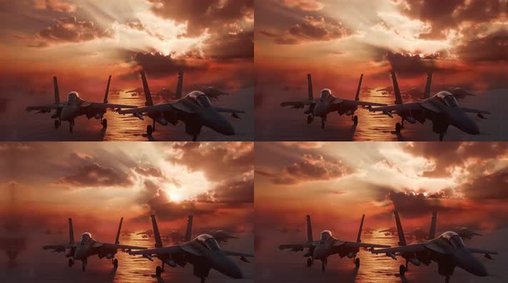 4k航母战斗机起飞降落夕阳唯美创意