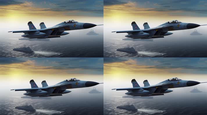 4k航母战斗机起飞降落夕阳唯美创意