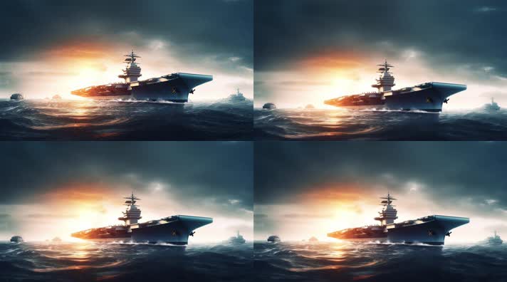 52航空母舰舰队海洋航行夕阳唯美创意4k
