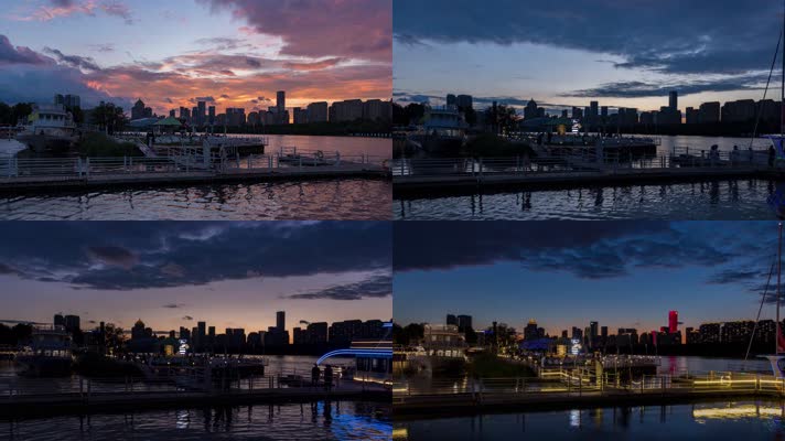 浑河晚霞夜景日转夜城市夜航游船码头河岸建