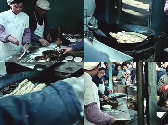 1976年，上海街头的早点摊，油条制作手