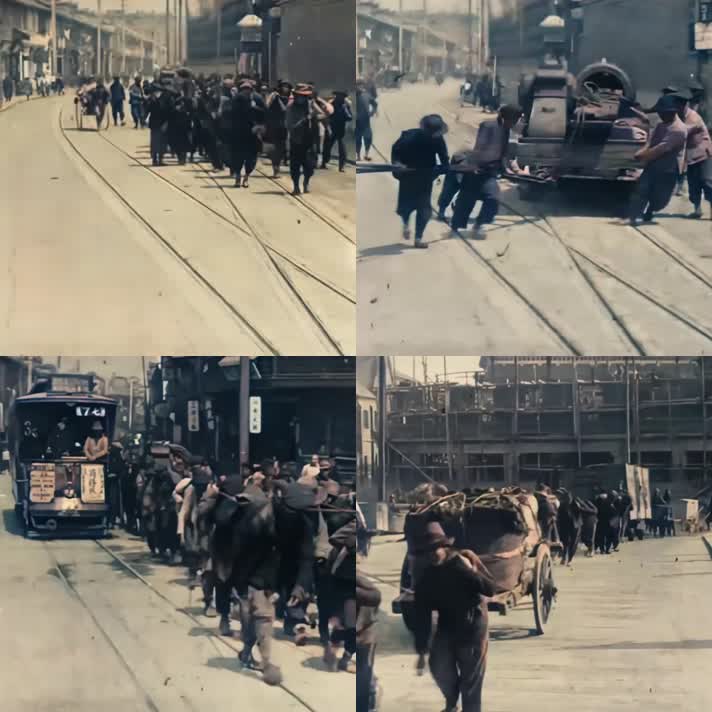 1917年 ，上海街头拉运货物工人劳动的