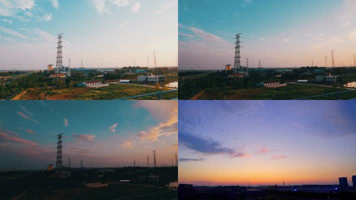 大范围蓝天白云 夕阳 电线塔 房屋村庄