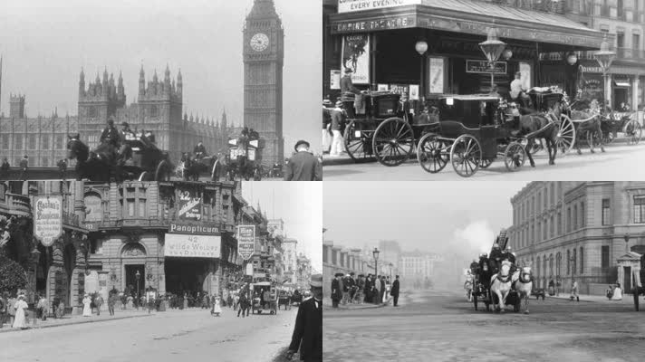 30年代伦敦城市马车街道人群商业区建筑店铺