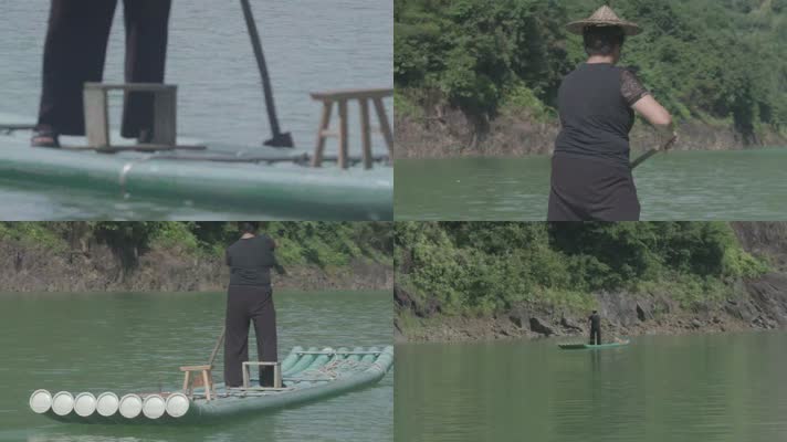 (4K) 浙江温州泰顺县妇女在山水间划竹筏