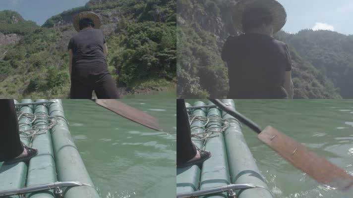 (4K) 浙江温州泰顺县妇女在山水间划竹筏