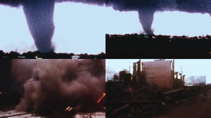 70年代龙卷风自然灾害摧毁街道建筑房屋 
