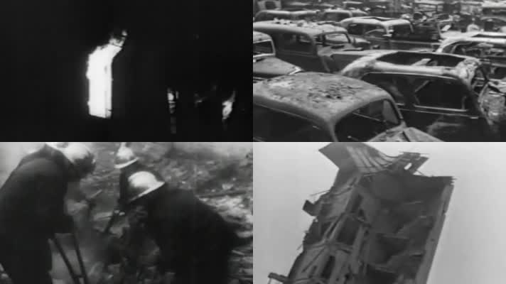 40年代夜晚城市乡镇大火建筑房屋车辆废墟