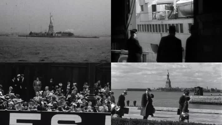 20年代轮船抵达纽约自由女神像城市街景