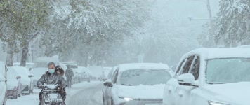 初冬大雪红绿灯信号灯马路车辆行人风雪北方