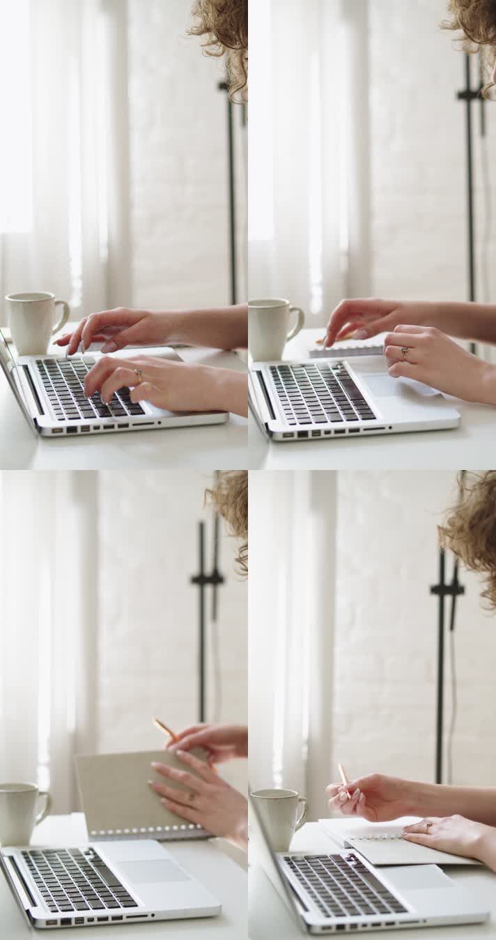 商务办公敲击键盘使用笔记本咖啡
