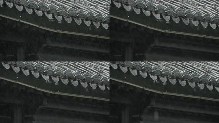 下雨徽派建筑榫卯屋檐青瓦片