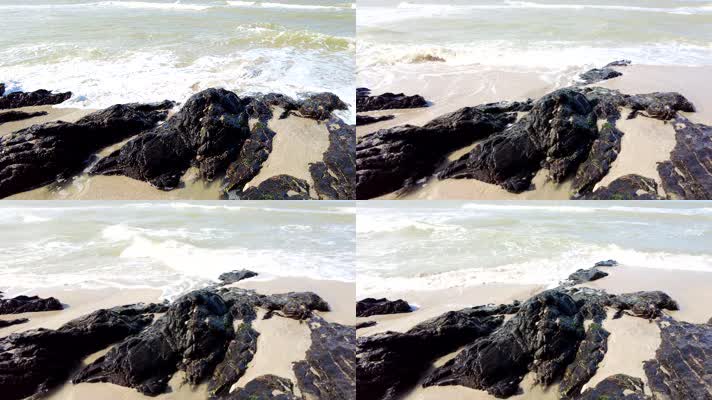实拍海浪拍打岩石礁石