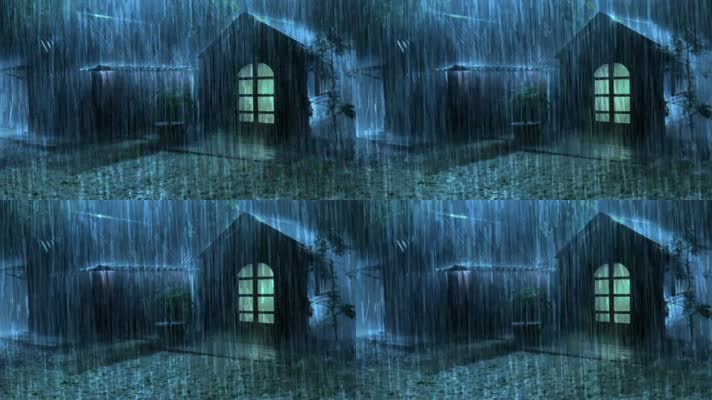 大雨中的小屋亮起了灯滂沱大雨