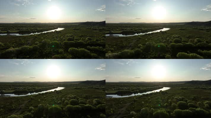 逆光拍摄海拉尔河湿地风景 (1)逆光航拍湿地花海