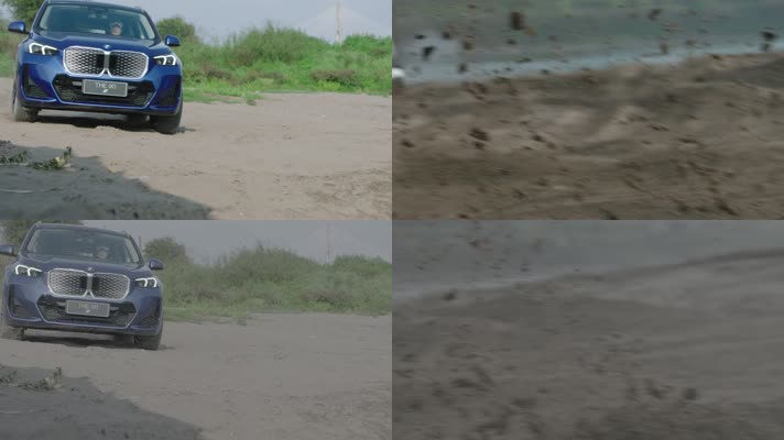 实拍宝马ix1泥泞道路卷起泥沙尘土飞扬