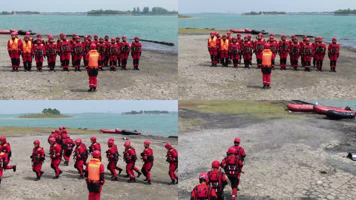 消防应急救援队员集合跑步走向冲锋舟