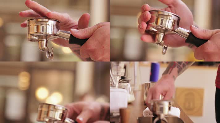 半自动咖啡机装粉压粉场景咖啡制作过程