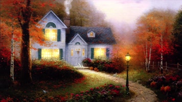 树林中亮着灯的小屋城堡黄色灯光红色枫树童