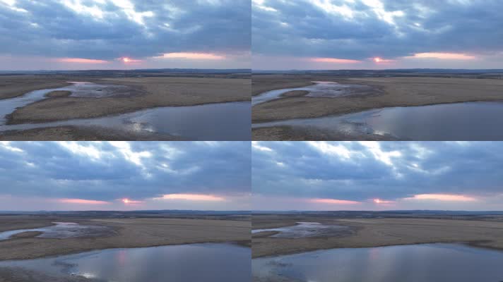 荒野湿地乌云日暮残阳映水面 (5)荒野丘陵乌云笼罩太阳西坠