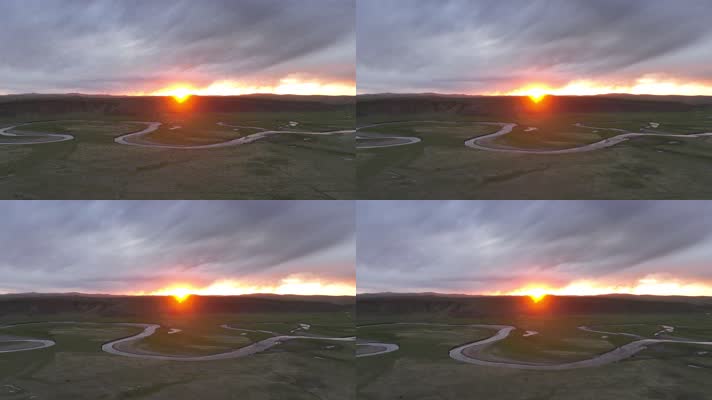 草原曲河丘陵山坡落日光芒 (7)夕阳下的草原风光