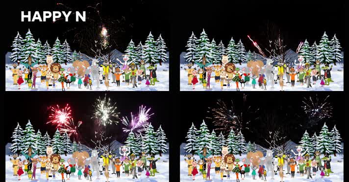 动画卡通小动物在下雪的树林里欢呼节日氛围