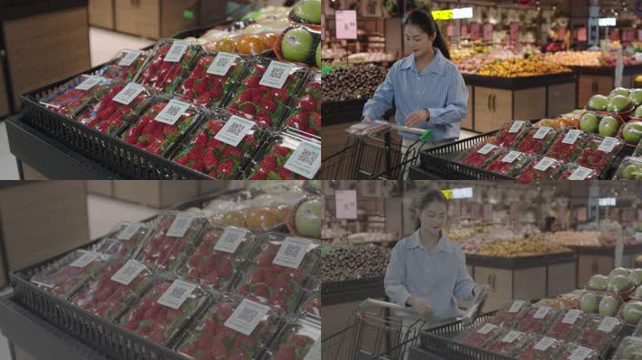 女生在超市选购草莓加入购物车