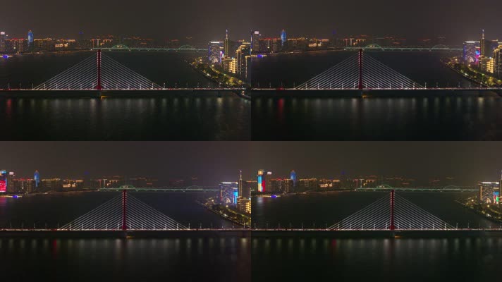 杭州钱塘江西兴大桥夜晚夜景航拍城市风景风