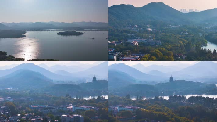 西湖雷峰塔景区大自然风光群山航拍杭州风景