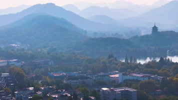 西湖雷峰塔景区大自然风光群山航拍杭州风景