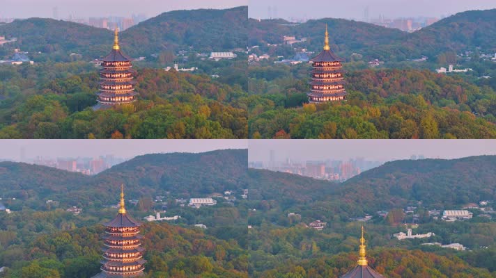 唯美杭州西湖雷峰塔景区大自然风光群山航拍