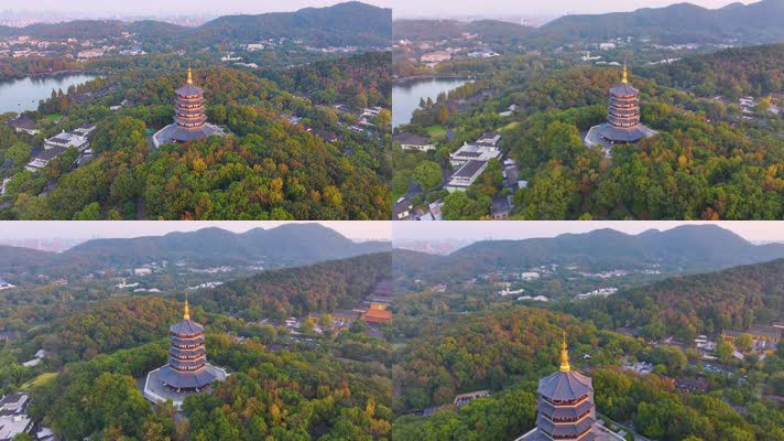 唯美杭州西湖雷峰塔景区大自然风光群山航拍