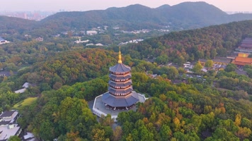 唯美杭州西湖雷峰塔景区大自然风光群山航拍