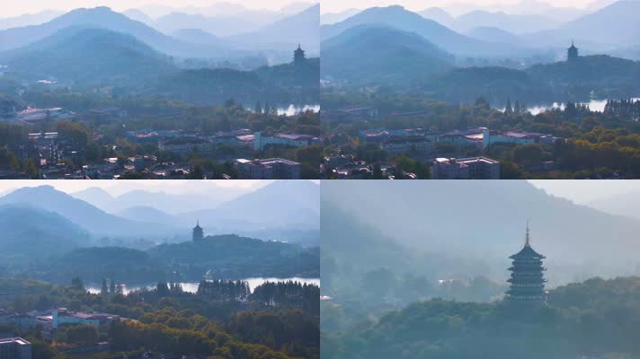 西湖雷峰塔景区大自然风光群山航拍杭州风景