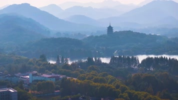 西湖雷峰塔景区大自然风光群山航拍杭州风景