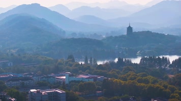 西湖雷峰塔景区大自然风光群山航拍杭州风景