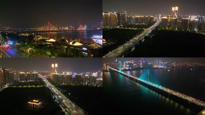 杭州钱塘江西兴大桥夜晚夜景航拍车流交通城