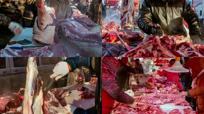 集市早市大集北方冬季新年肉类屠宰分割售卖
