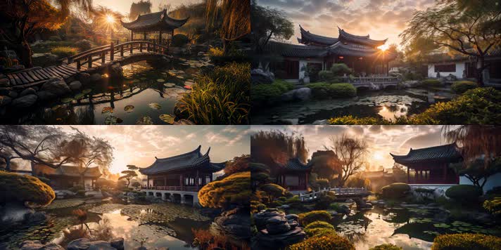 4k中式庭院园林花园 （正版可商用）