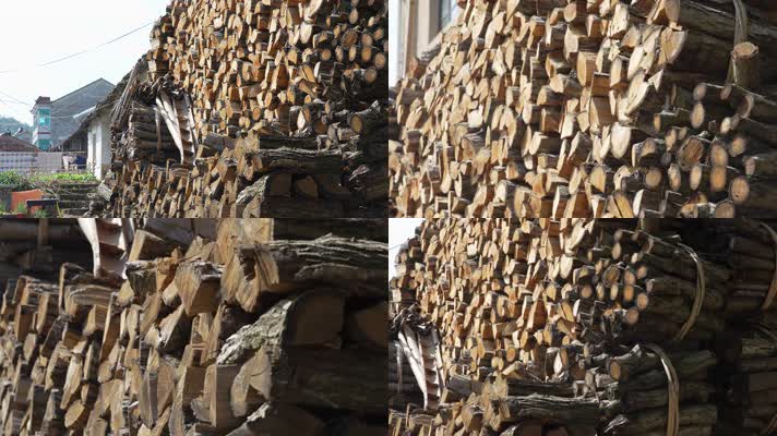 合集农村烧火木材打包成堆成山做饭木