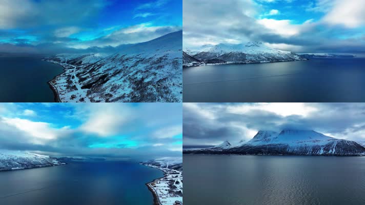 4K航拍北欧挪威特罗姆瑟冰湖景色