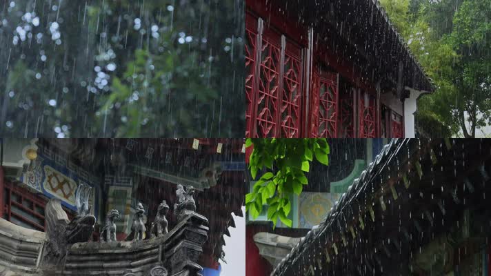 雨天中式建筑屋檐雨滴雨水古风意境